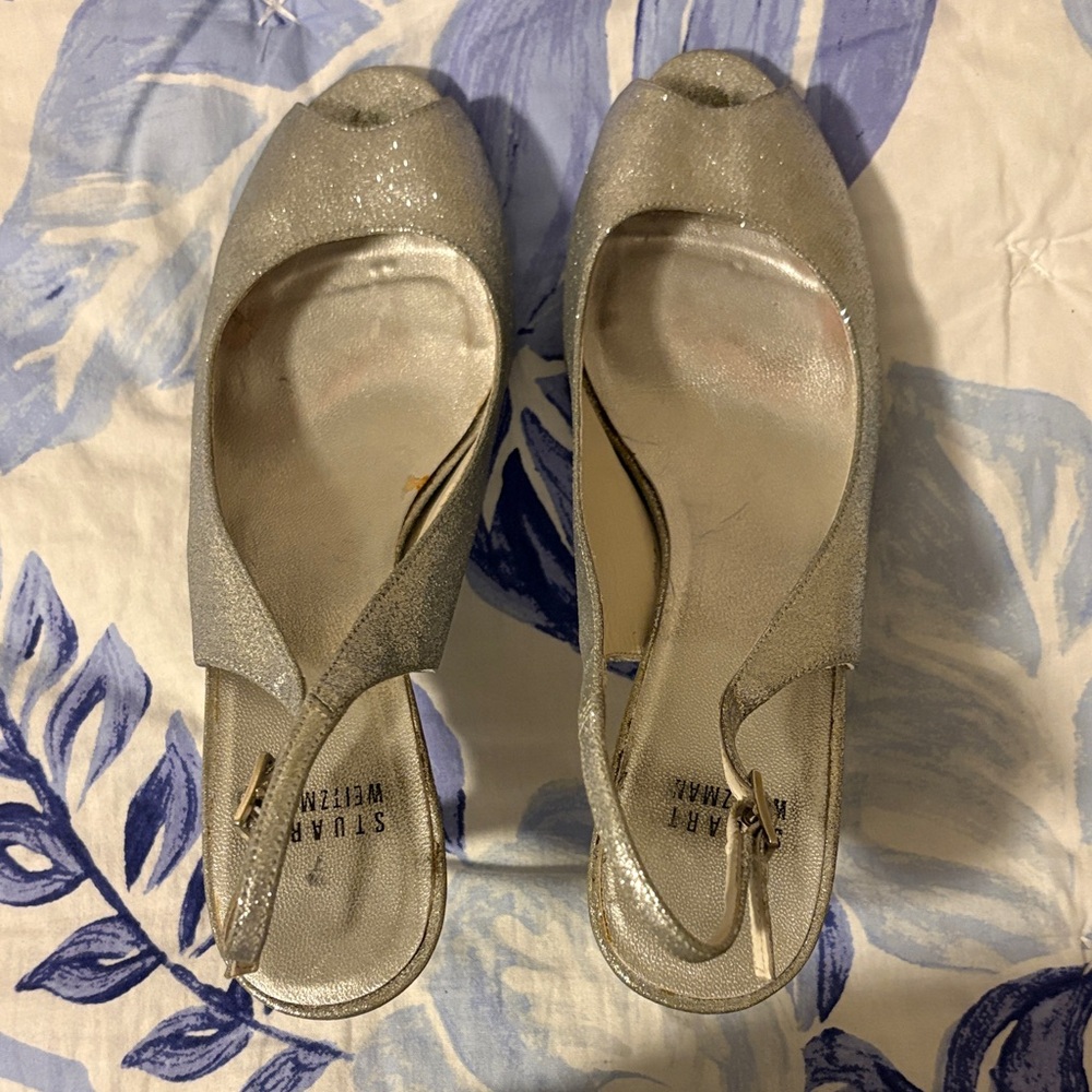 Stuart Weitzman Silver Glitter Slingback Peep-Toe Heels